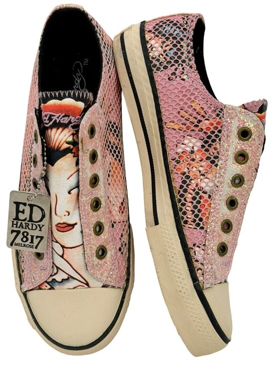 Ed Hardy Shoes - VTG Ed Hardy Pink Canvas Tattoo Graphic Glitter Sneakers 7 | Y2K Streetwear Glam